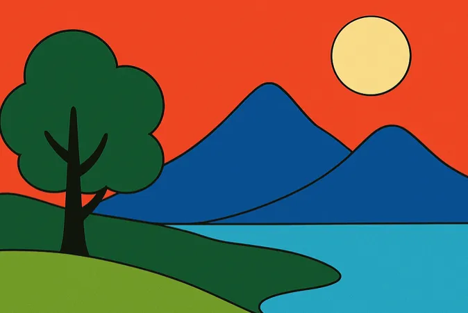 Farbige Illustration: Baum, Berge, See und Sonne im Pop-Art-Stil